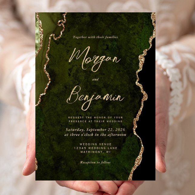 Convites Casamento Moderno com Escrita em Ouro e Ágata Verd (Criador carregado)