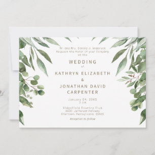 Convites Casamento Moderno com Eucalipto Dourado em Texto 