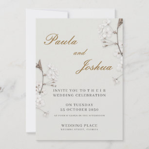 Convites Casamento Moderno com Floral Branco e Grafia Doura