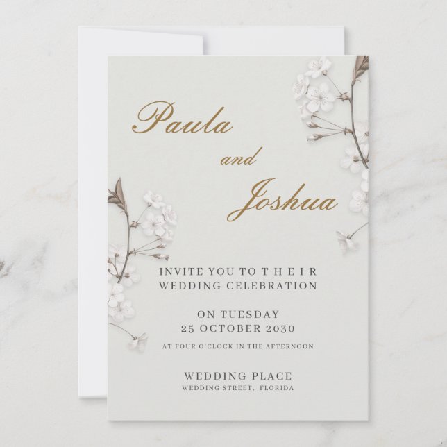Convites Casamento Moderno com Floral Branco Elegante e Gra (Frente)