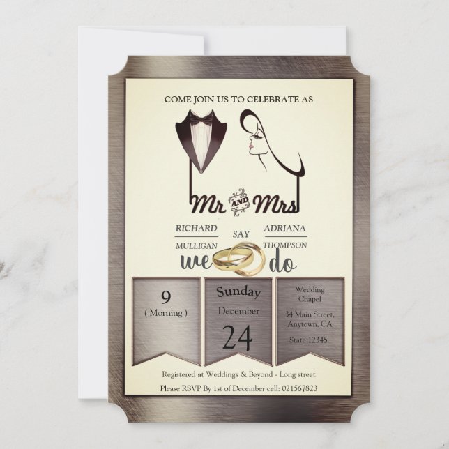 Convites Casamento Moderno com Folha de Ouro-Prata-Latão (Frente)