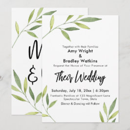 Convites Casamento Moderno com Folhagem em Aquarela Verde