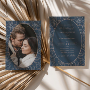 Convites Casamento Moderno com Folhagem em Azul e Dourado R