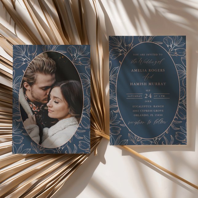 Convites Casamento Moderno com Folhagem em Azul e Dourado R (Criador carregado)