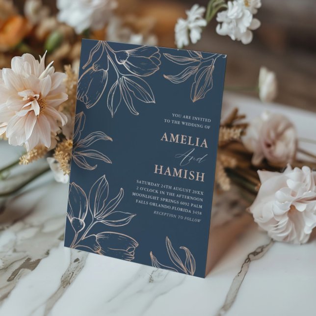 Convites Casamento Moderno com Folhagem em Azul e Dourado R (Criador carregado)