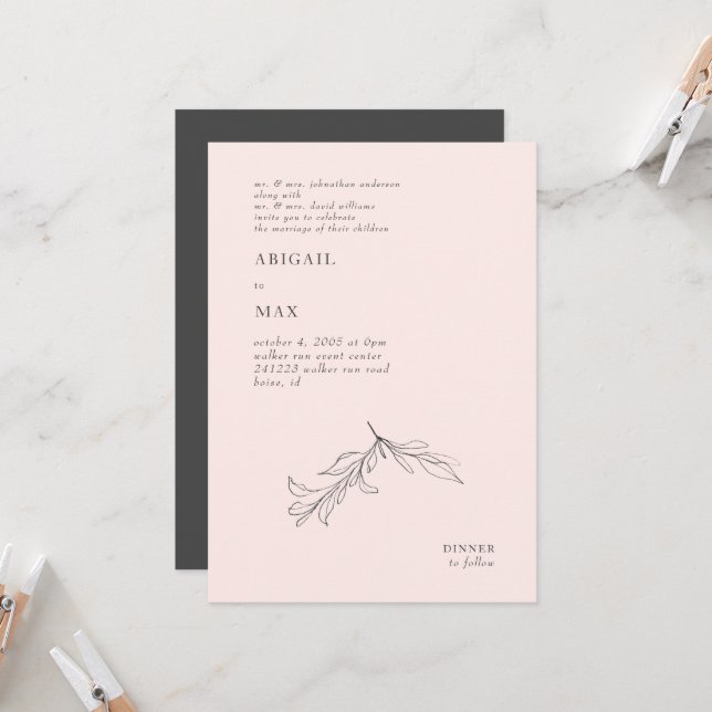 Convites Casamento Moderno com Folhagem em Rosa e Cinza (Frente/Verso In Situ)