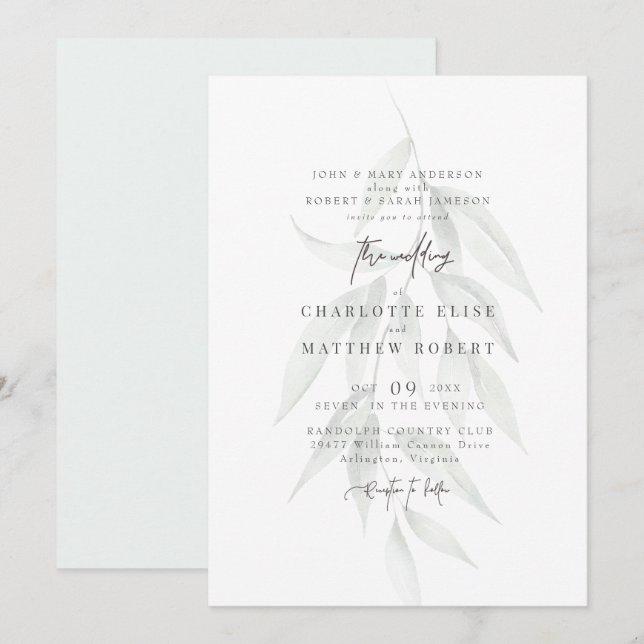 Convites Casamento Moderno com Folhagem Suave em Sage Claro (Frente/Verso)