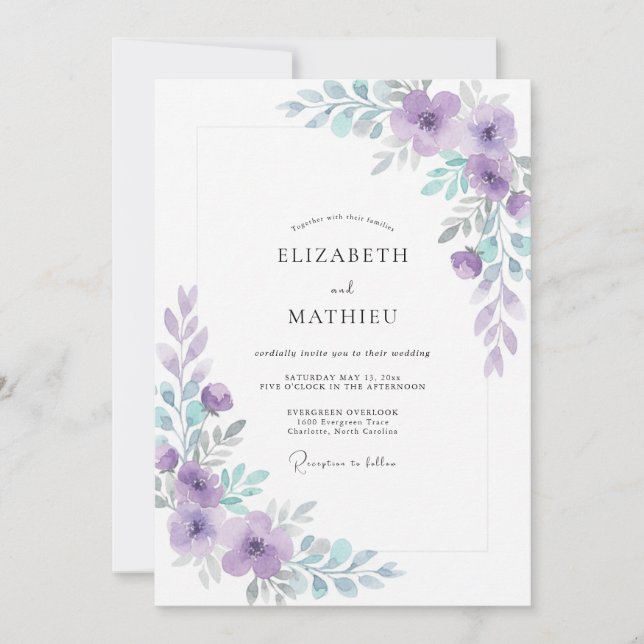 Convites Casamento Moderno com Folhas de Violeta Roxo Periw (Frente)