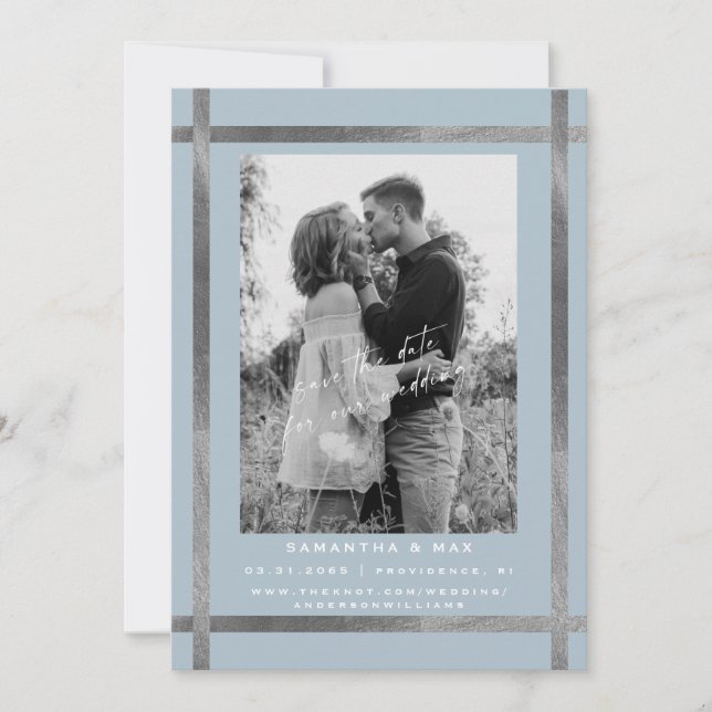 Convites Casamento Moderno com Foto Azul Gelo e Prata (Frente)