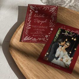 Convites Casamento Moderno com Foto Floral Azul Vermelho In
