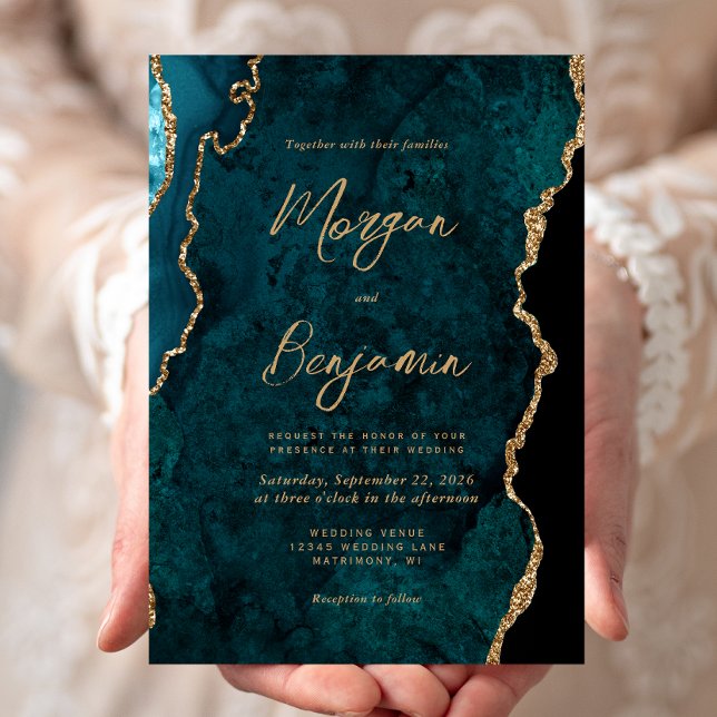 Convites Casamento Moderno com Grafia em Ágata Azul Teal (Criador carregado)