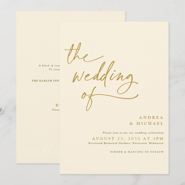 Convites Casamento Moderno com Letra Dourada e Creme (Frente/Verso)