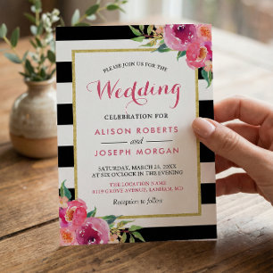Convites Casamento Moderno com Listras Florais Rosa Fuchsia