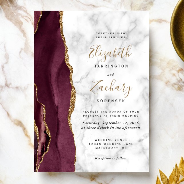 Convites Casamento Moderno com Mármore Burgundy Dourado Ága (A perfect choice for a burgundy and gold themed wedding.)