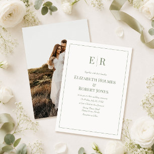 Convites Casamento Moderno com Monograma e Foto em Verde Ol