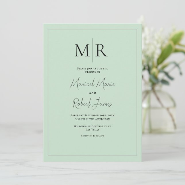Convites Casamento Moderno com Monograma em Verde Menta Ele (Em pé/Frente)