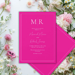 Convites Casamento Moderno com Monograma Rosa Fuscia Elegan