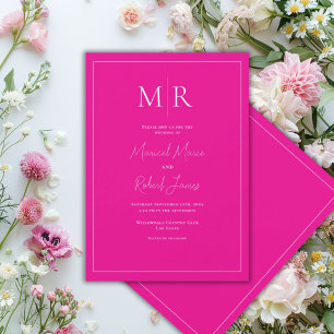 Convites Casamento Moderno com Monograma Rosa Fuscia Elegan