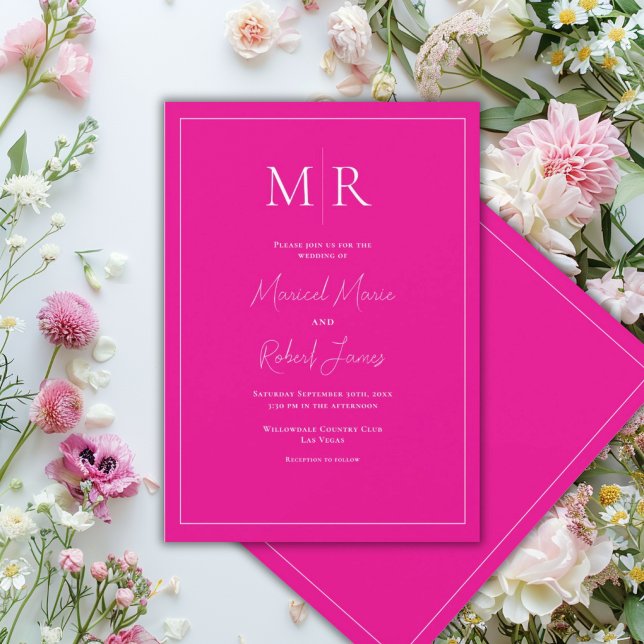 Convites Casamento Moderno com Monograma Rosa Fuscia Elegan (Criador carregado)