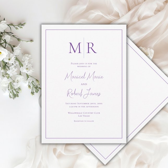 Convites Casamento Moderno com Monograma Roxo Elegante (Criador carregado)