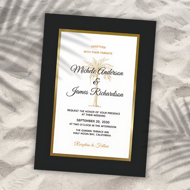 Convites Casamento Moderno com Palmeira Tropical Black Gold (Tropical Black Gold Palm Tree Modern Wedding Invitation)