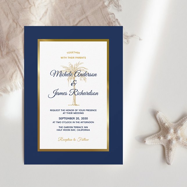 Convites Casamento Moderno com Palmeira Tropical em Azul Na (Criador carregado)