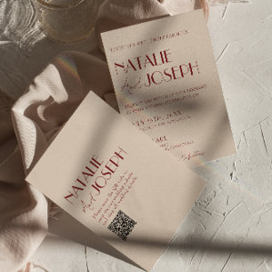 Convites Casamento Moderno com QR Code Azul Vermelho Escuro
