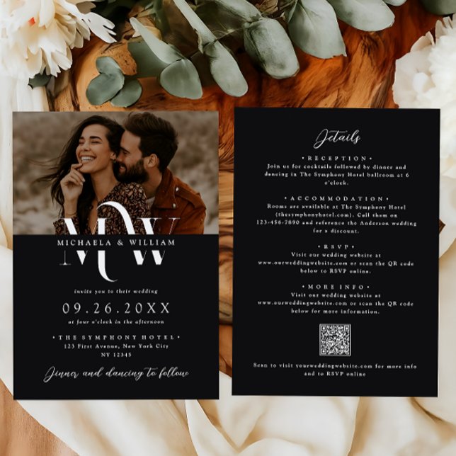 Convites Casamento Moderno com QR Code de Monograma Elegant (Criador carregado)