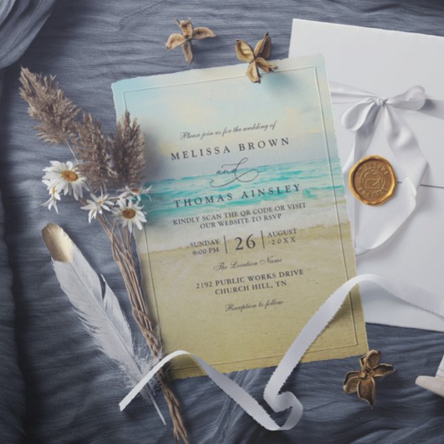 Convites Casamento Moderno com QR Code Destino de Praia Ele (Criador carregado)