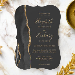 Convites Casamento Moderno com Suporte Preto Dourado em Ága
