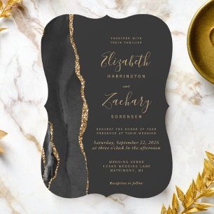 Convites Casamento Moderno com Suporte Preto Dourado em Ága