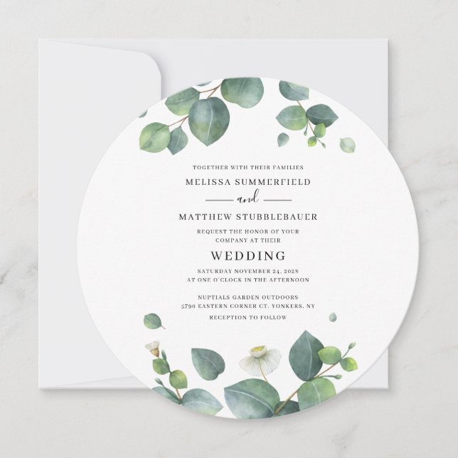 Convites Casamento Moderno com Verduras de Eucalipto (Frente)