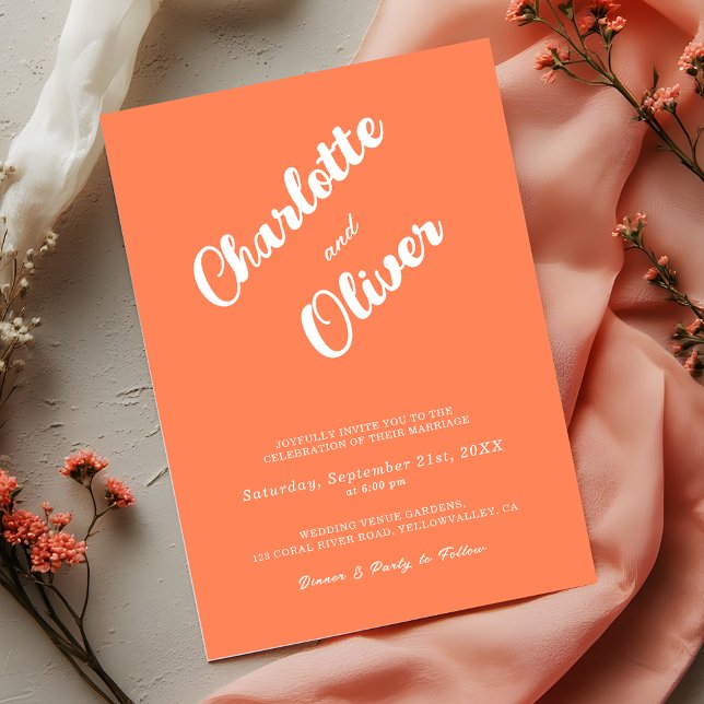 Convites Casamento Moderno Coral Union Script Laranja (Criador carregado)