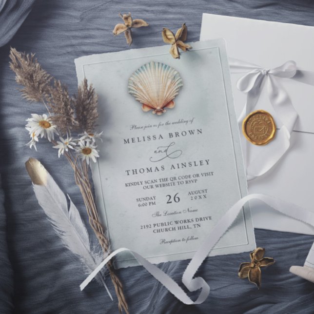 Convites Casamento Moderno Costa Concha Água Código QR (Criador carregado)