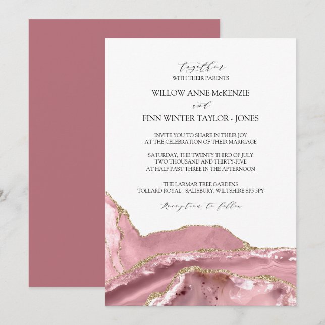 Convites Casamento Moderno da Agata Rosa Esmagada (Frente/Verso)