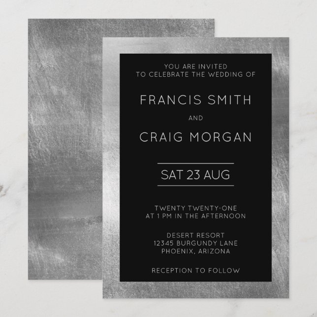 Convites Casamento Moderno da Folha de Prata Negra e Faux (Frente/Verso)