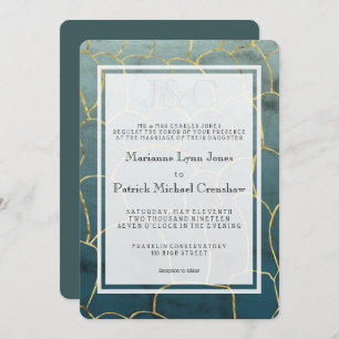 Convites Casamento Moderno Dark Aquamarine Goldvein