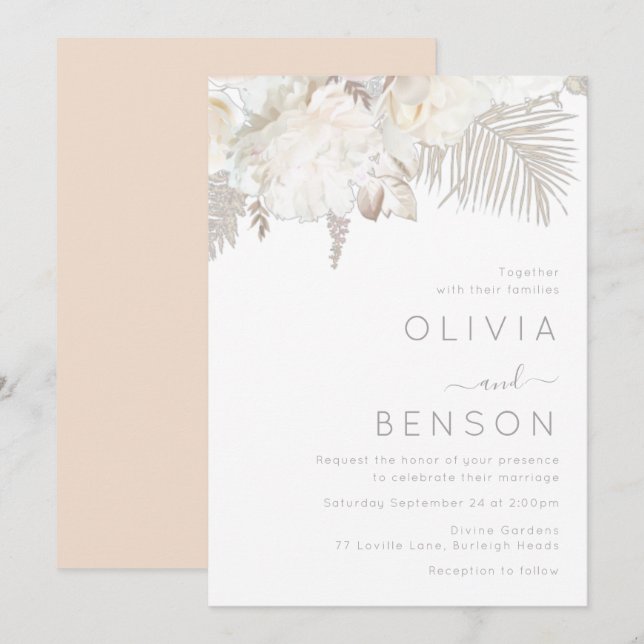 Convites Casamento Moderno das Flores de Ivory White e Boêm (Frente/Verso)