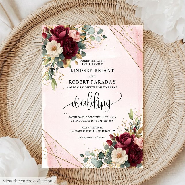 Convites Casamento Moderno das Flores Douradas de Mérito do (Minimal Merlot Gold Blush Flowers Modern Wedding Invitation)