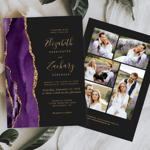 Convites Casamento Moderno de 5 Fotos Roxo Dourado Ágata Es