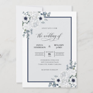 Convites Casamento Moderno de Anêmona Azul-Marinho