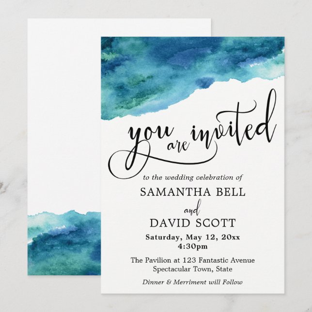 Convites Casamento Moderno de Aqua Aqua Verde Azul 2 (Frente/Verso)