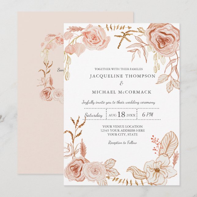 Convites Casamento Moderno de Aquarela Floral em Verde Rosa (Frente/Verso)