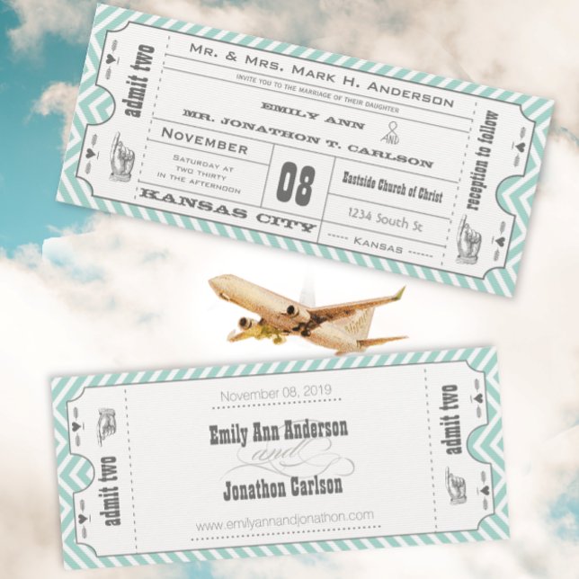 Convites Casamento Moderno de Bilhetes Mint Chevron Zigzag  (Criador carregado)