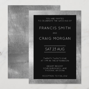 Convites Casamento Moderno de Black and Faux Silver Foil