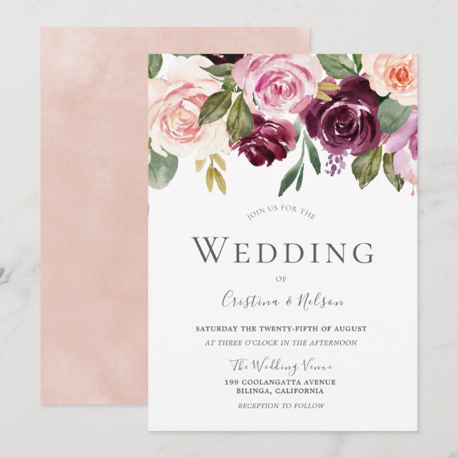 Convites Casamento Moderno de Blush Burgundy Tropical (Frente/Verso)