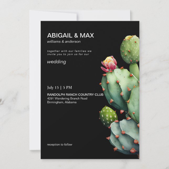 Convites Casamento Moderno de Cactus Tropical Preto (Frente)