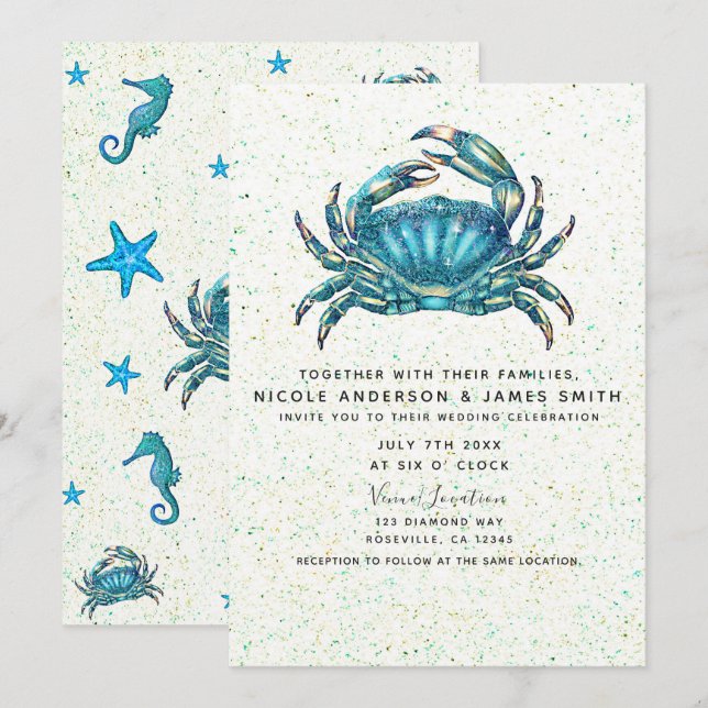Convites Casamento Moderno de Caranguejo Azul de Estrela do (Frente/Verso)
