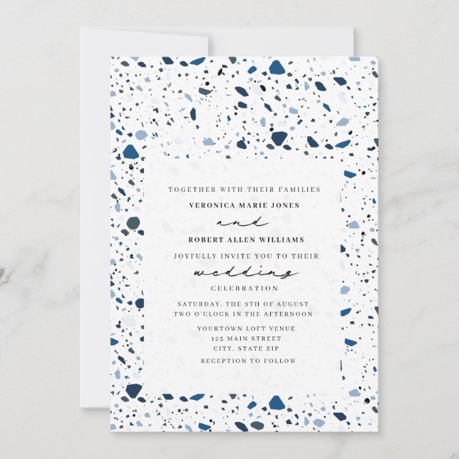 Convites Casamento Moderno de Cobalt Stone Terrazzo (Frente)