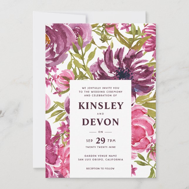 Convites Casamento Moderno de Cor de Água Floral Púrpura e  (Frente)